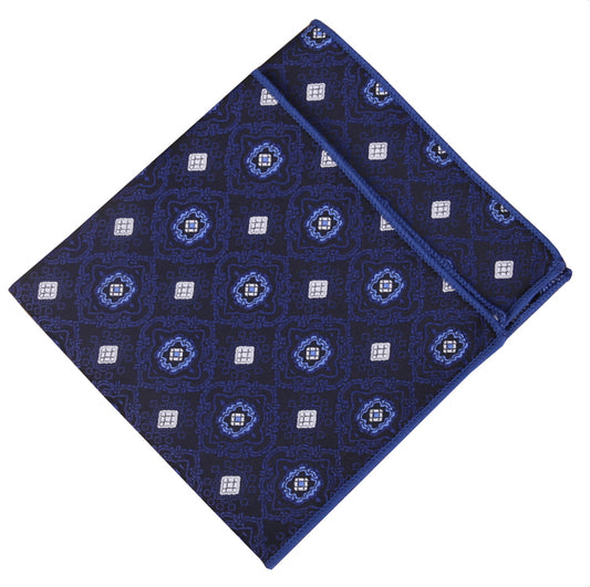 Navy with White Squares & Blue Rings Pocket Square