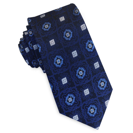 Navy with White Squares & Blue Rings Slim Tie