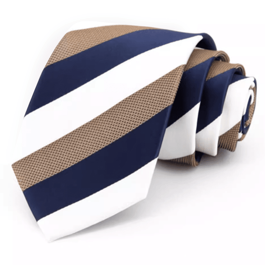 Navy White and Tan Stripes Tie