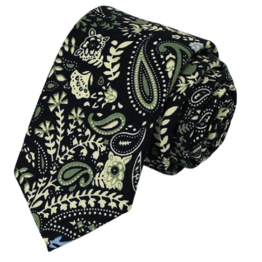 Dark Blue with Green, Light Blue and Light Yellow Paisley Slim Tie