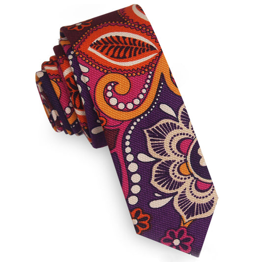 Purple Orange Pink and Cream Floral Mens Skinny Necktie