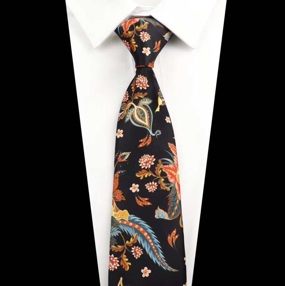 Black with Burnt Orange and Light Blue Floral Tie