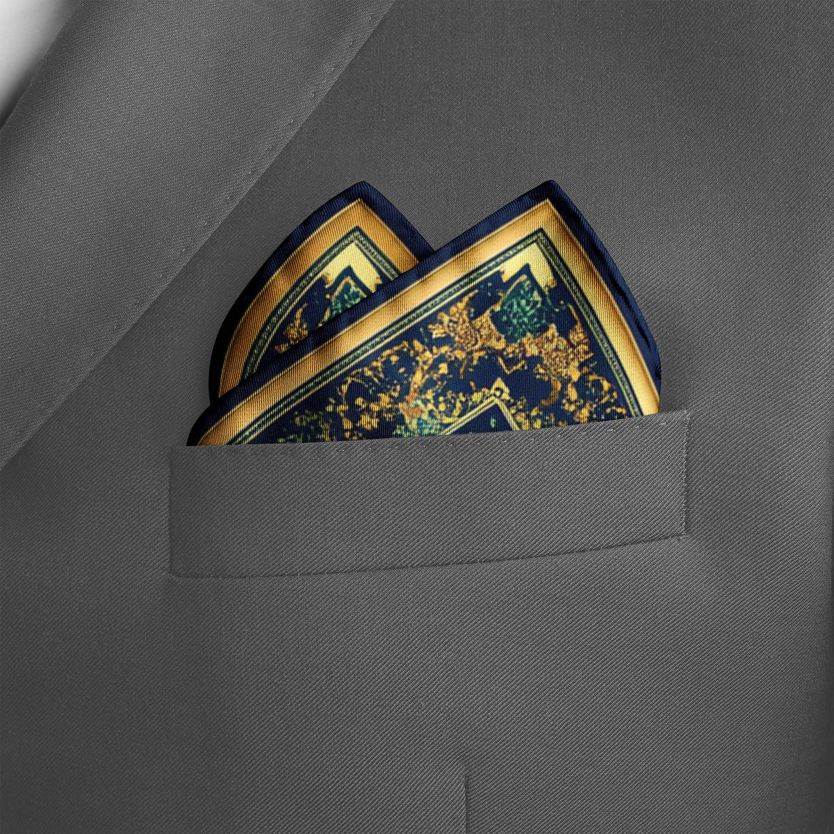 Genuine Silk Emerald Baroque Medallion Regal Pocket Square