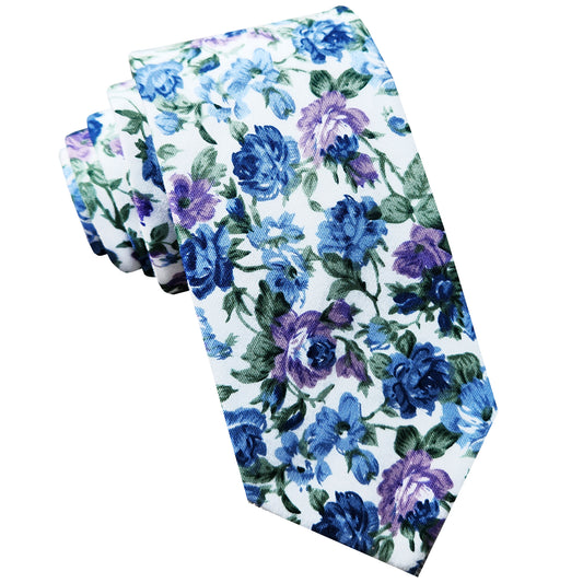 White with Blue & Lilac Flowers Men’s Slim Tie