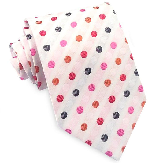 White with Orange, Black, Red and Pink Polkadots Mens Tie