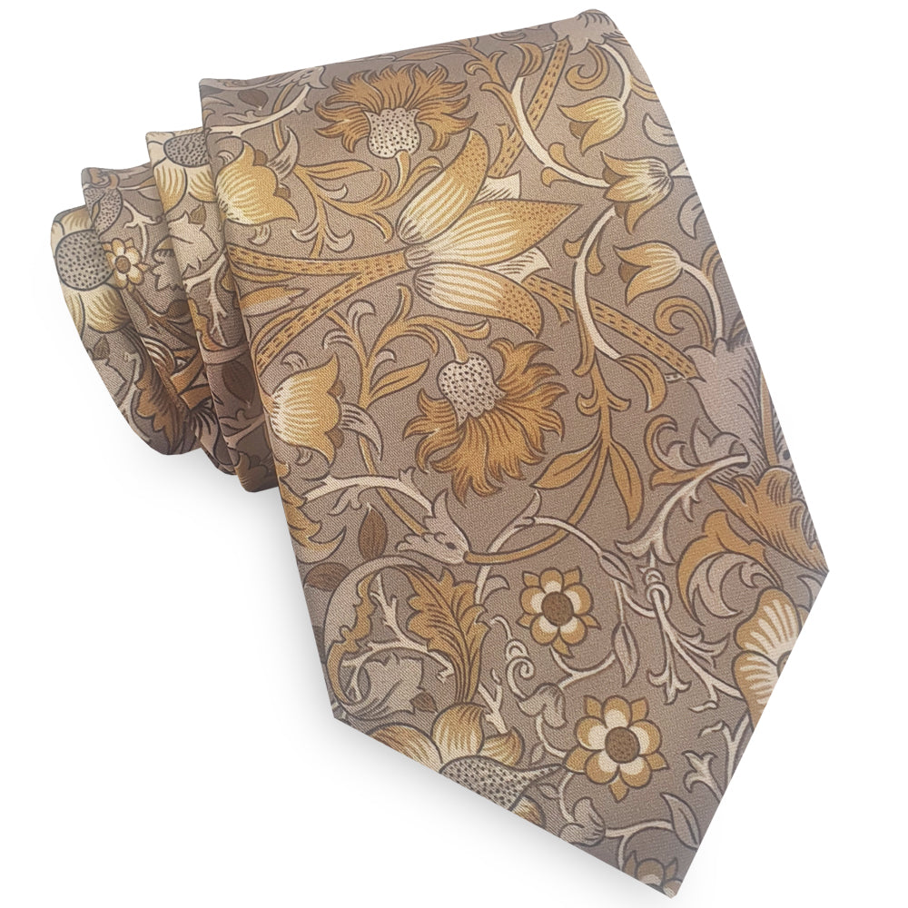 Beige & Gold Floral Mens Slim Tie