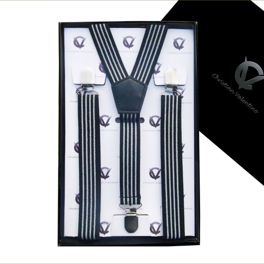 Black with White Stripes Braces Suspenders