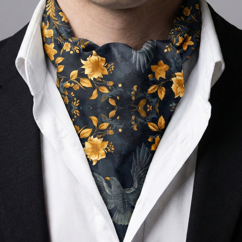 Genuine Silk Midnight Sparrow and Marigold Sky Ascot Cravat