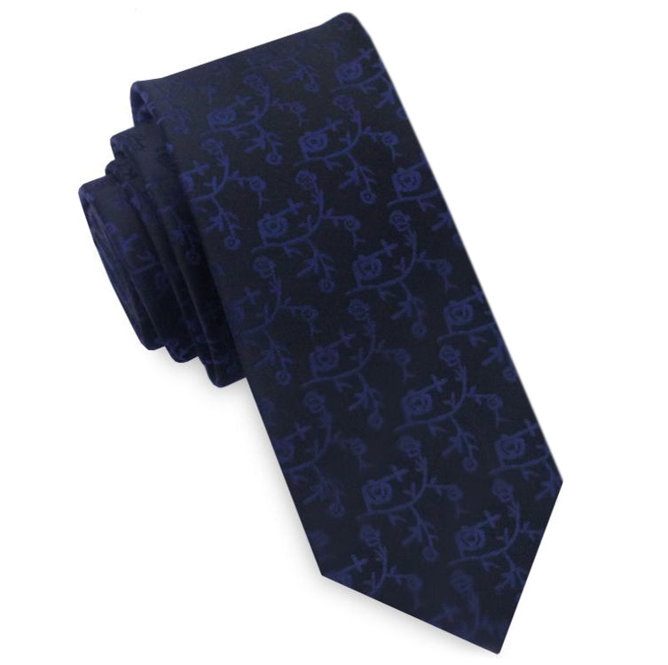 Black with Navy Blue Floral Pattern Mens Skinny Tie