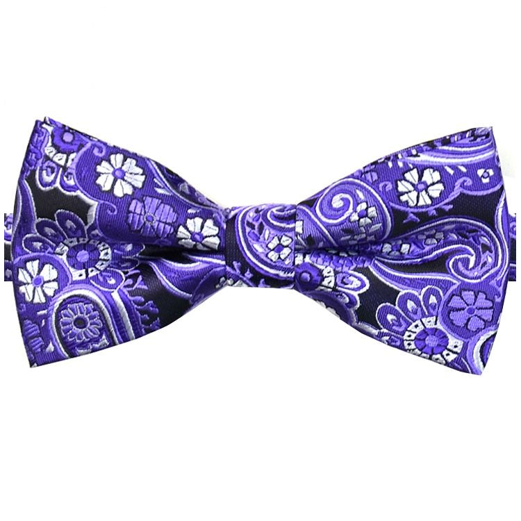 Black with Purple & White Paisley Floral Bow Tie