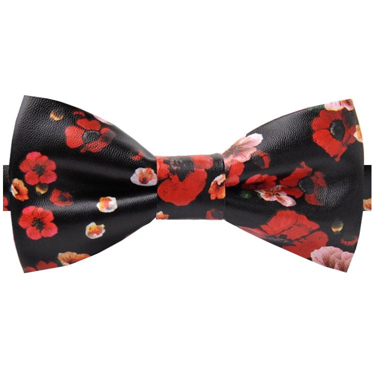 Black with Red Floral Bicast Leather Bow Tie