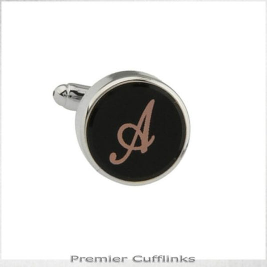 SINGLE BLACK WITH ROSE GOLD INITIAL A CUFFLINK