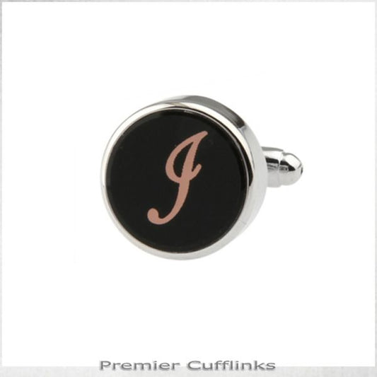 SINGLE BLACK WITH ROSE GOLD INITIAL J CUFFLINK