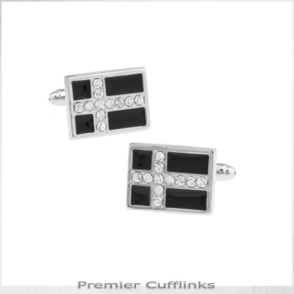 BLACK WITH SILVER DIAMANTE CROSS CUFFLINKS