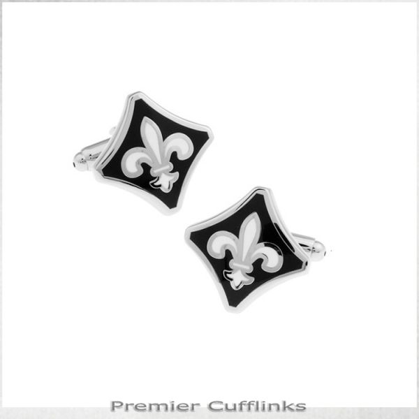 BLACK WITH SILVER FLEUR DE LIS CUFFLINKS