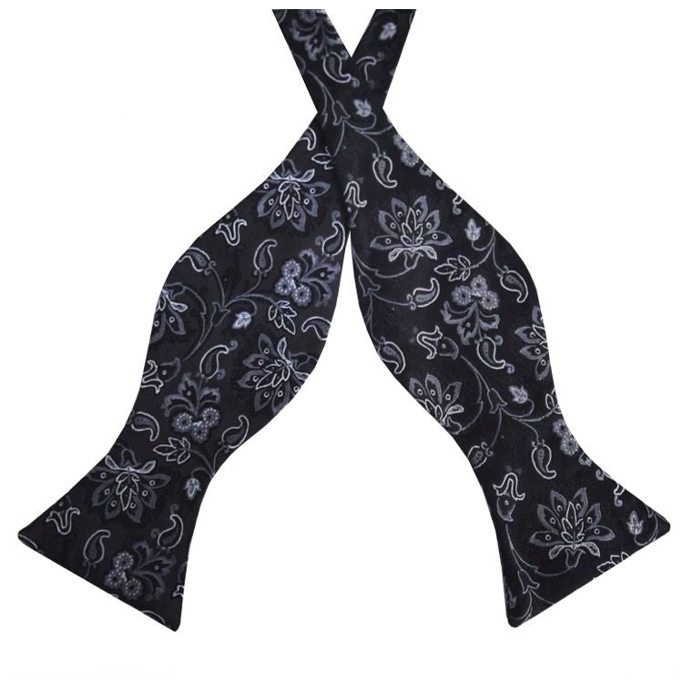 Black with White Floral Pattern Self Tie Bow Tie