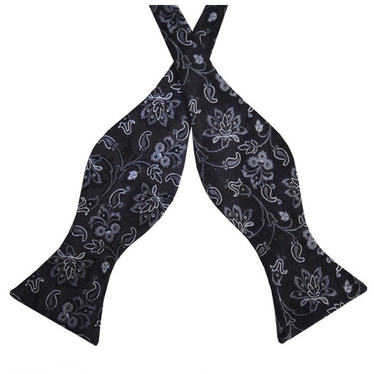 Black with White Floral Pattern Self Tie Bow Tie