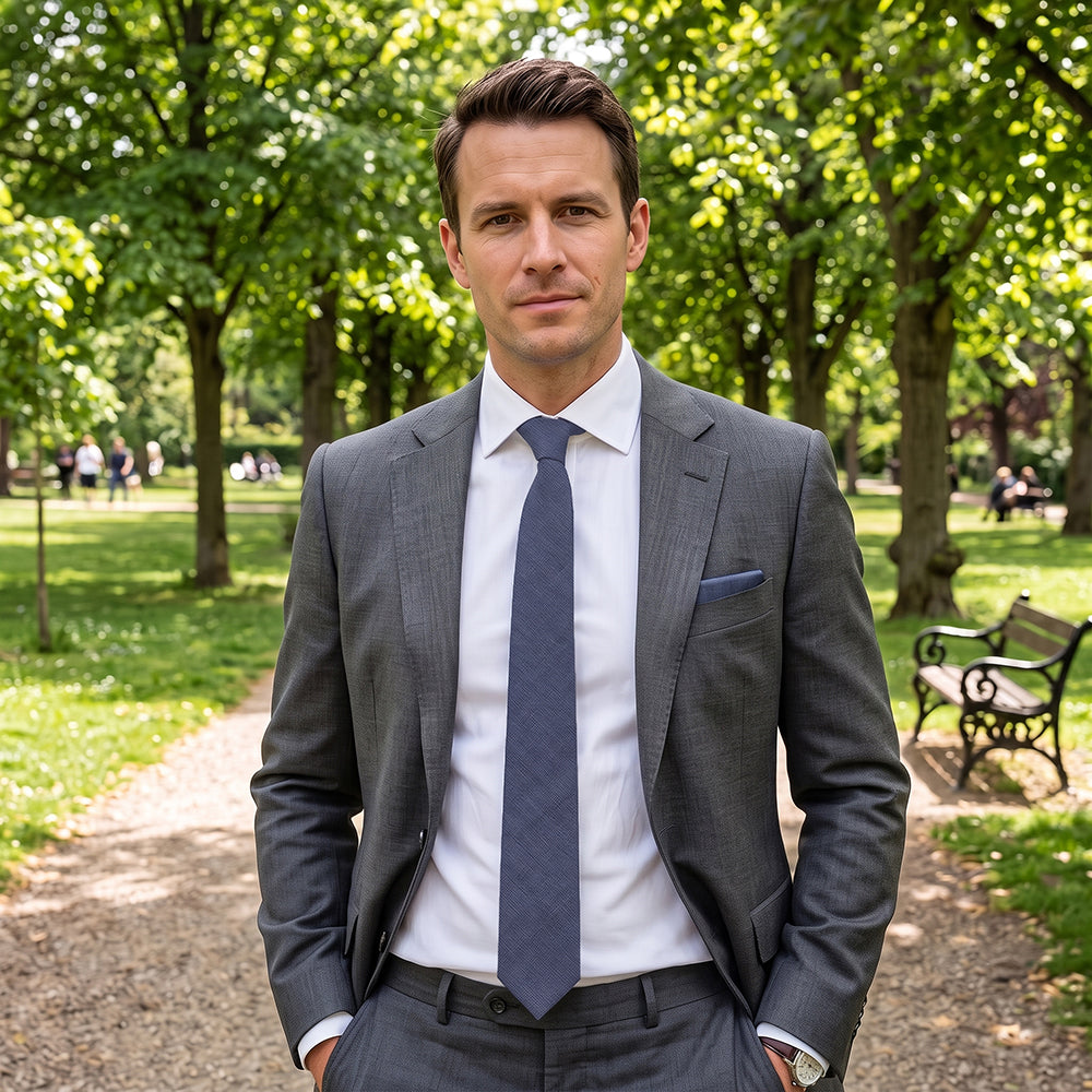 Blue Grey Bamboo and Cotton Blend Skinny Tie & Pocket Square Set