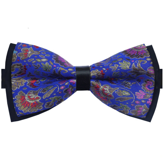 Blue with Gold and Red Floral Design Bow Tie