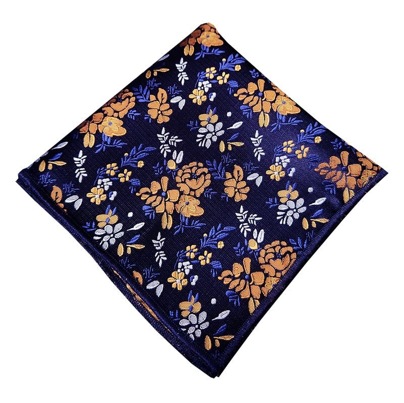 Dark Blue with White & Mustard Gold Floral Pocket Square