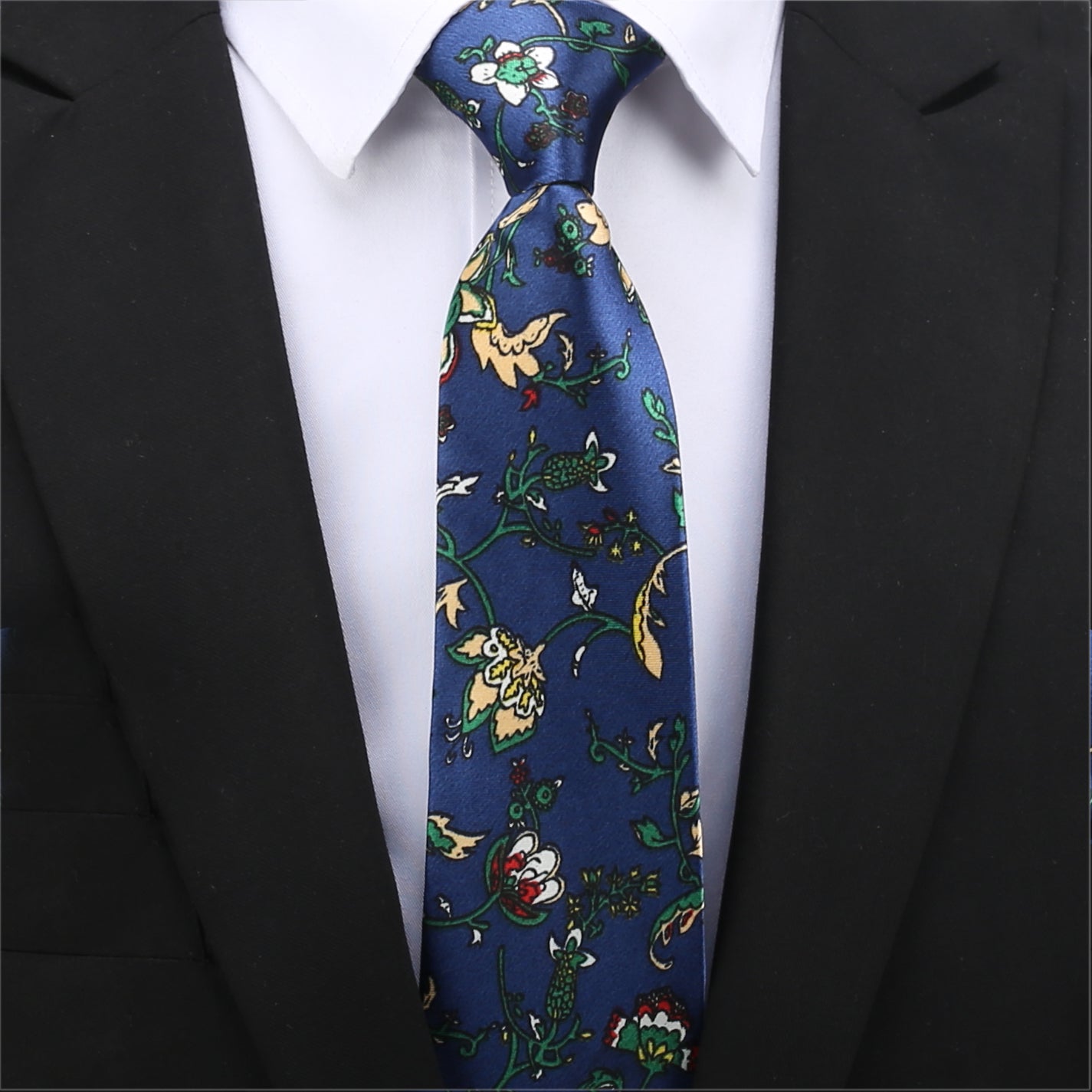 Blue with Tan and White Floral Slim Tie