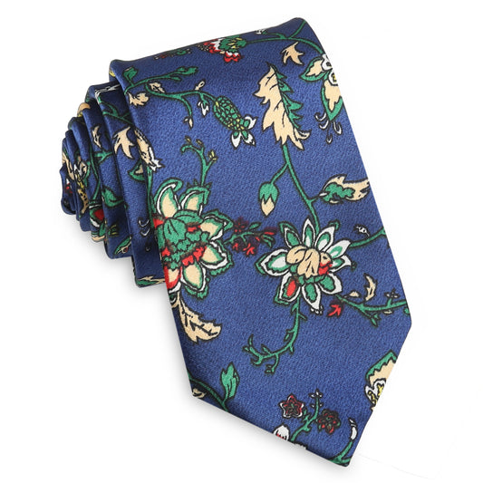 Blue with Tan and White Floral Slim Tie