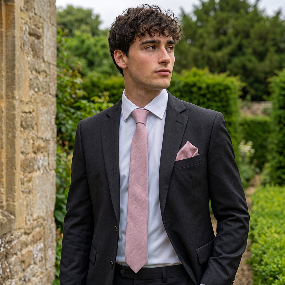 Dusty Pink Bamboo & Cotton Blend Skinny Tie & Pocket Square Set