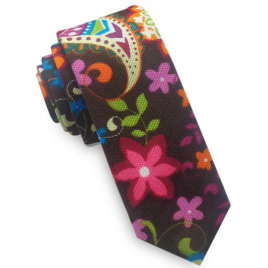 Brown Pink Orange & Blue Floral Skinny Tie