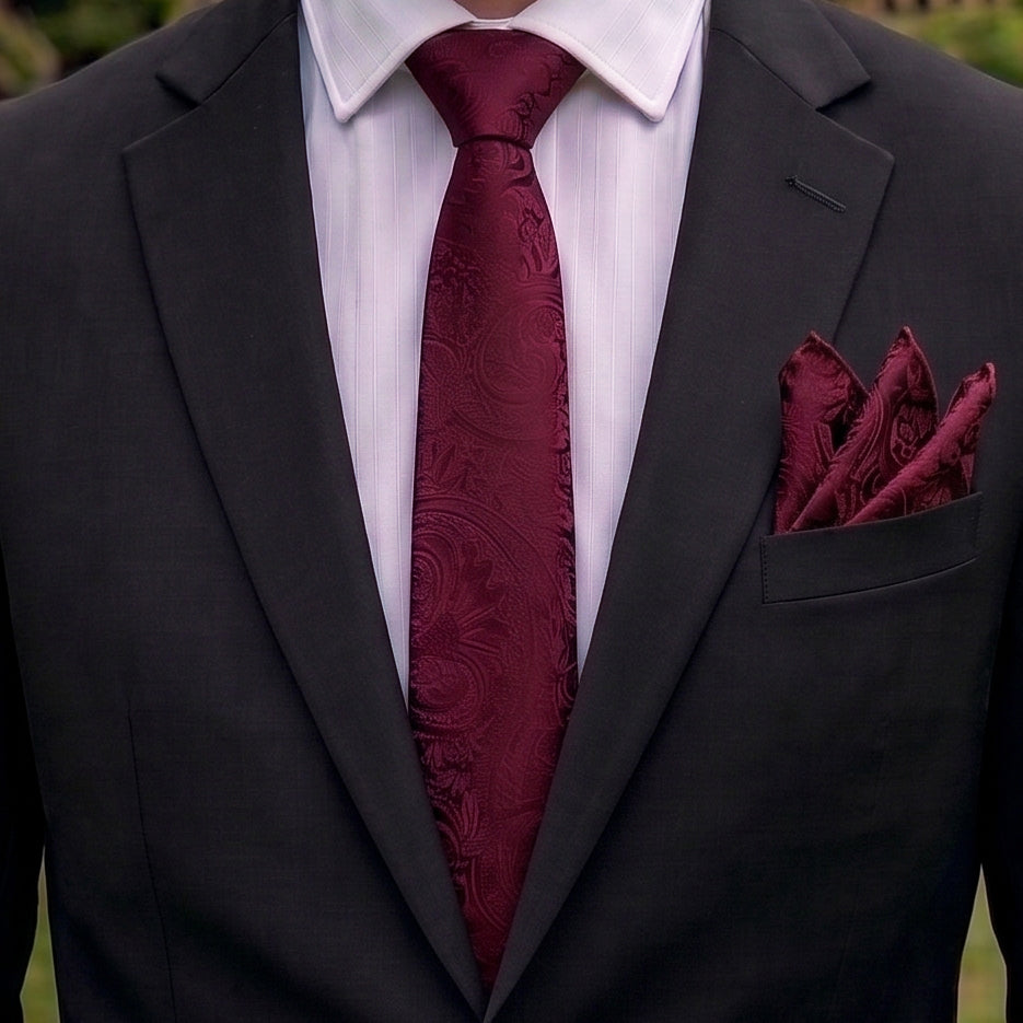 Burgundy Red Paisley Slim Tie and Pocket Square Set