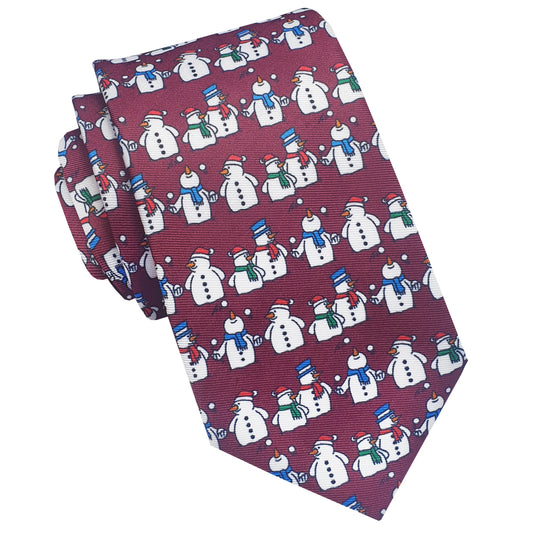 Burgundy with Snowmen Slim Christmas Tie