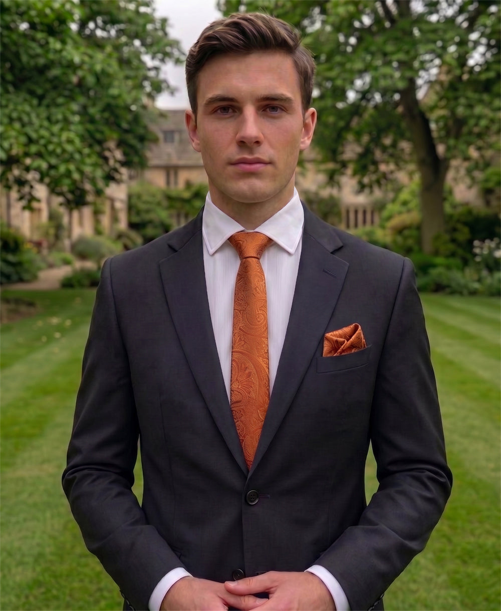 Burnt Orange Paisley Slim Tie and Pocket Square Set