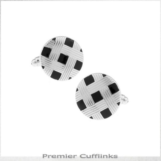 CIRCULAR BLACK WITH SILVER LATTICE CUFFLINKS
