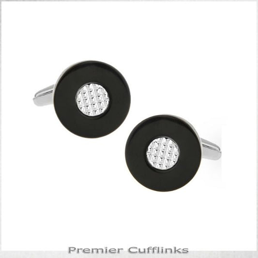 CIRCULAR BLACK WITH TEXTURED CRYSTAL INSET CUFFLINKS