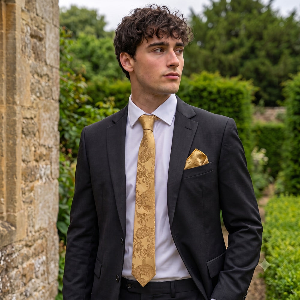 Classic Gold Paisley Slim Tie and Pocket Square Set