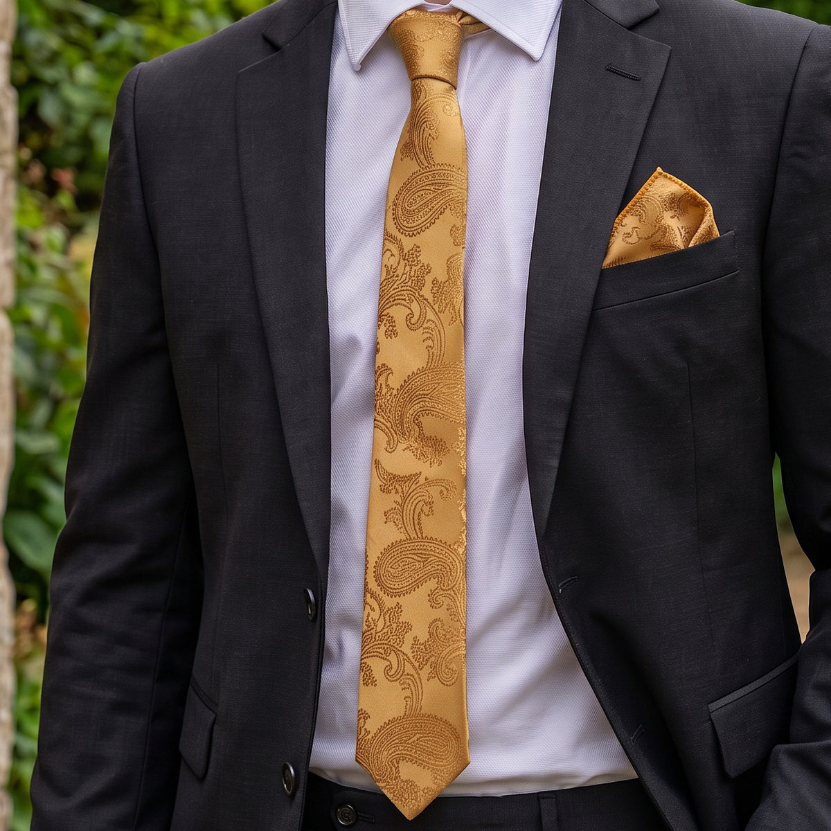 Classic Gold Paisley Slim Tie and Pocket Square Set