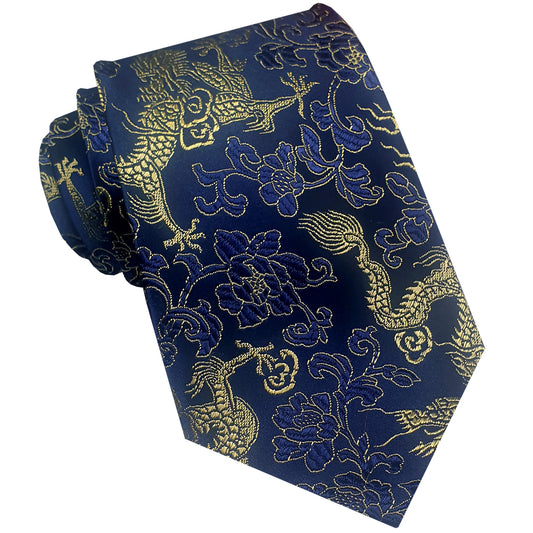 Dark Blue and Gold Dragons Hong Kong Style Tie