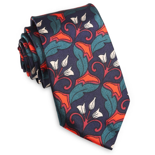 Dark Blue with Red & Green Geometric Floral Slim Tie
