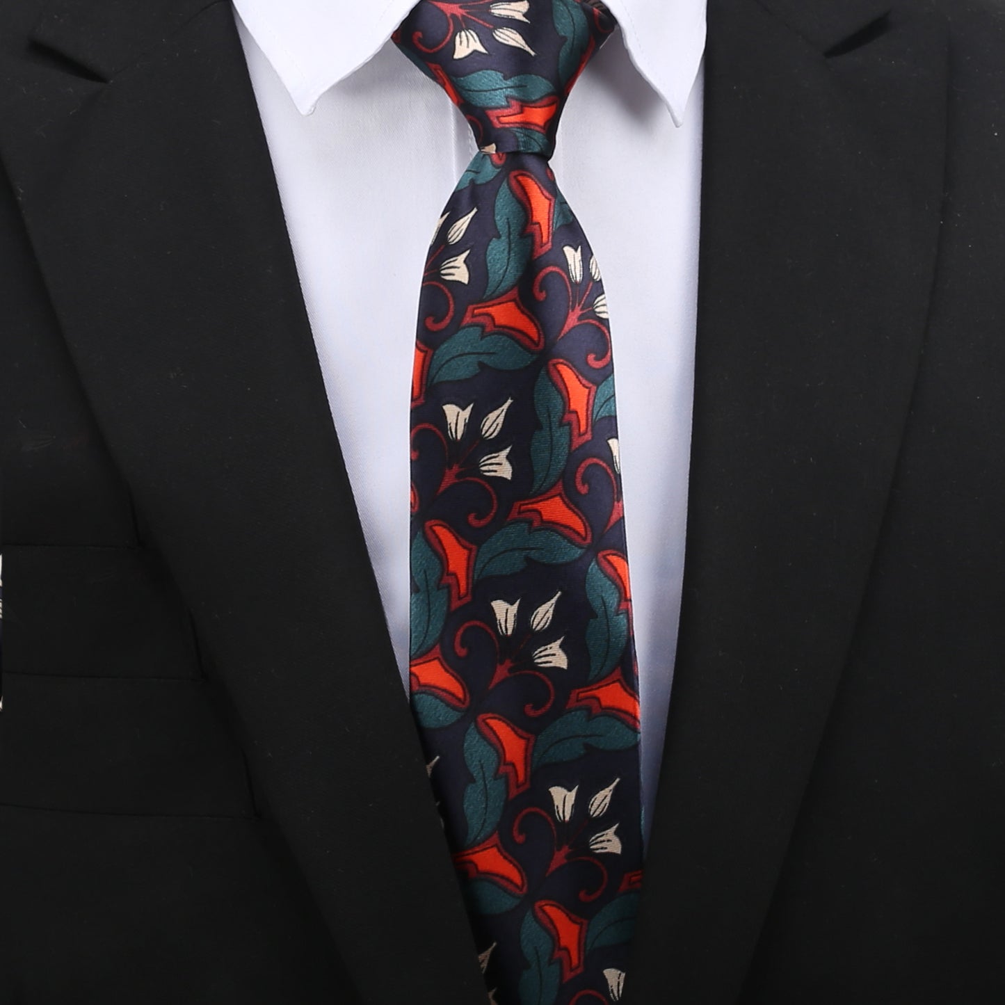 Dark Blue with Red & Green Geometric Floral Slim Tie