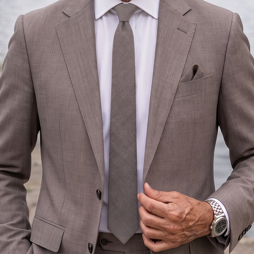 Dark Taupe Bamboo & Cotton Blend Skinny Tie & Pocket Square Set