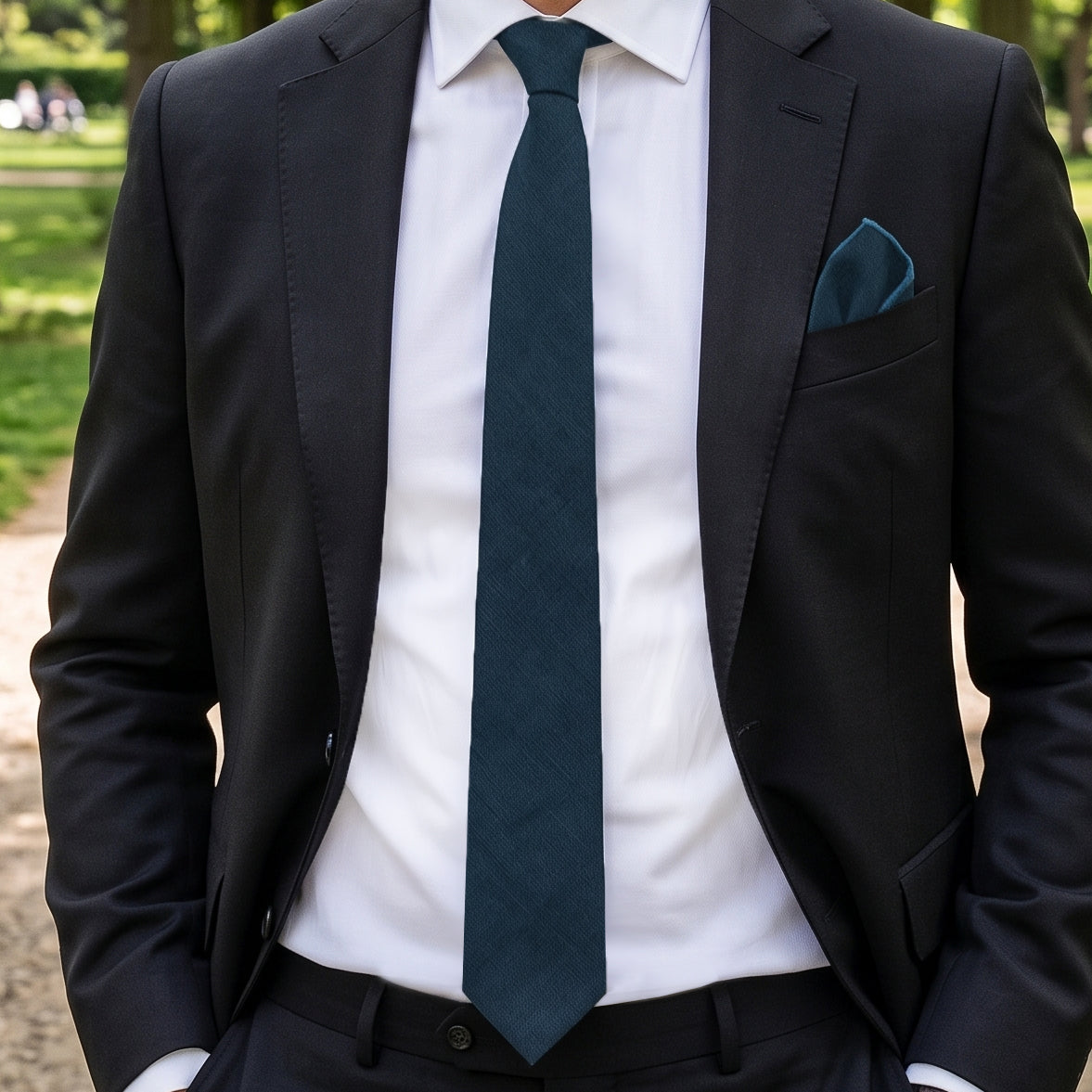 Dark Teal Bamboo and Cotton Blend Skinny Tie & Pocket Square Set