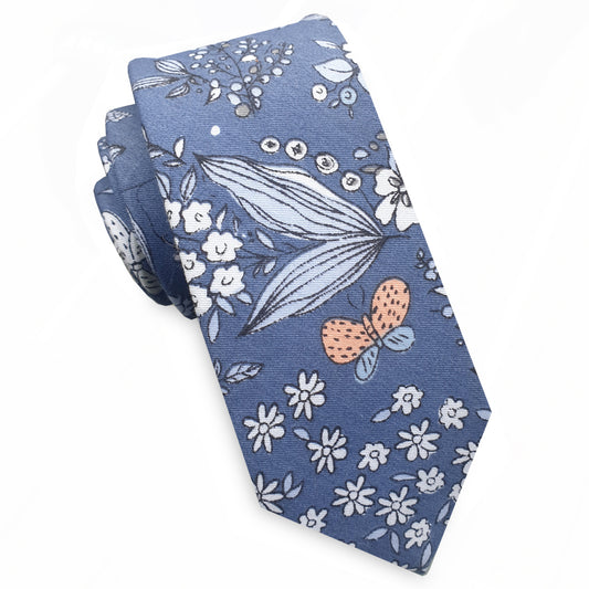 Denim Blue Floral Pattern Skinny Tie