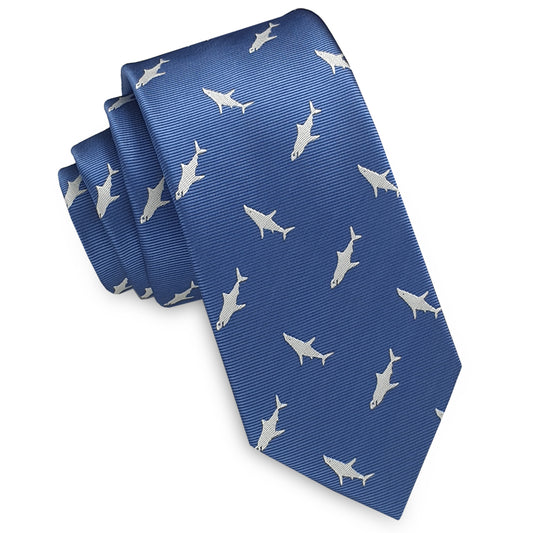 Denim Blue with White Sharks Skinny Tie