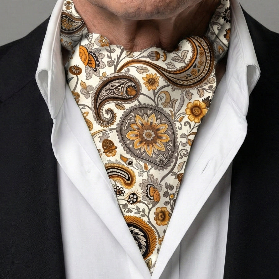 Genuine Silk Ivory and Amber Paisley Garden Ascot Cravat