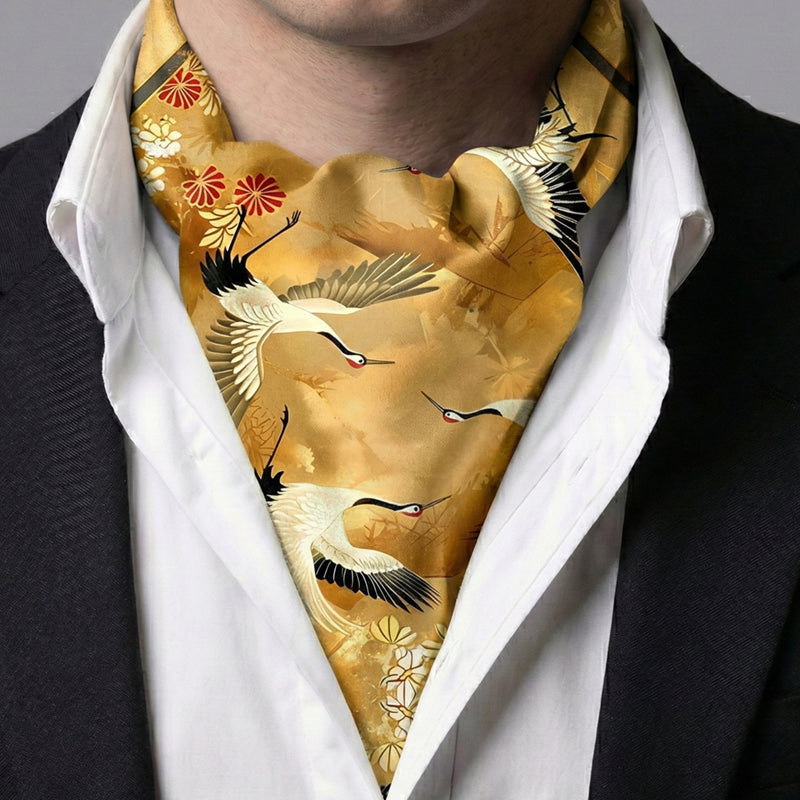Genuine Silk Gold Floral Cranes Ascot Cravat