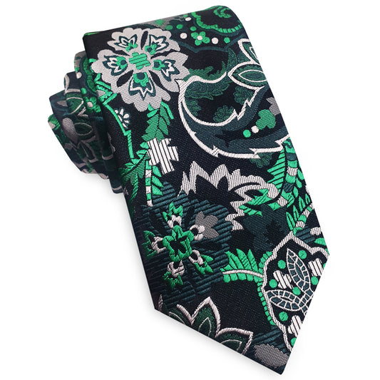 Black, Green and Silver Paisley Mens Slim Tie