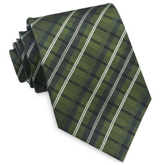 Green, Black and White Plaid Mens Tie