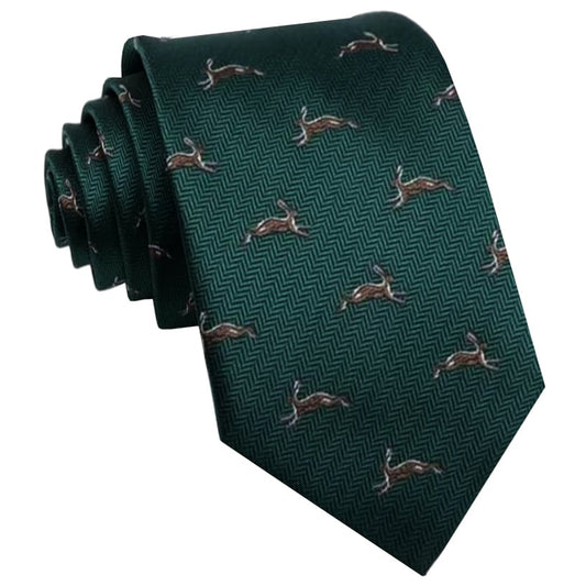 Green Herringbone with Rabbits Mens Slim Tie