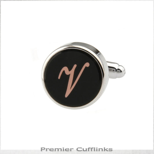 SINGLE BLACK WITH ROSE GOLD INITIAL V CUFFLINK