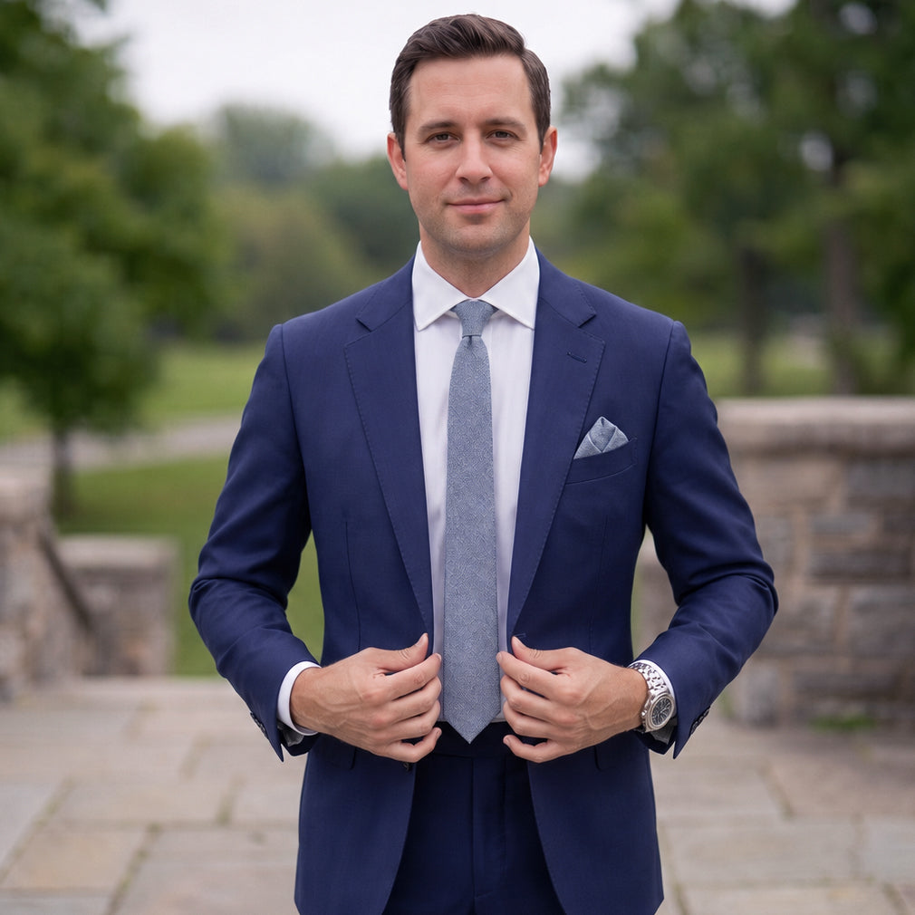 Light Denim Blue Bamboo & Cotton Blend Skinny Tie & Pocket Square Set