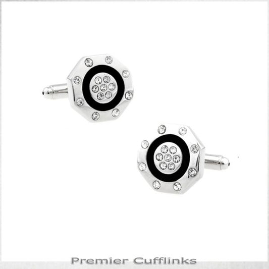 OCTAGONAL SILVER WITH GEM STUDS CUFFLINKS